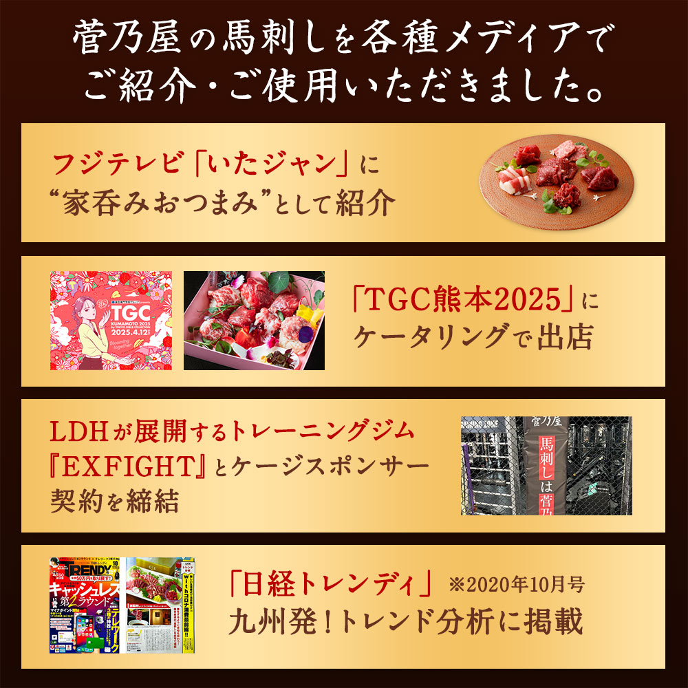 菅乃屋の馬刺しを各種メディアでご紹介・ご使用いただきました。